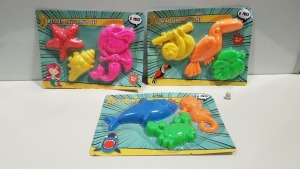 168 X BRAND NEW OUTDOOR SAND MOULD SETS OF 3 TOYS IN MERMAID / SHARK & TOUCAN THEMES - IN 12 BOXES
