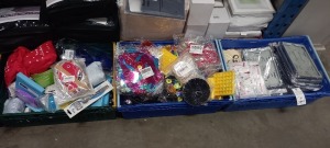 3 TRAYS CONTAINING LARGE QUANTITY OF ASSORTED ITEMS INCLUDING IPAD CASES, DISPOSABLE MIC COVERS, SELF ADHESIVE HOOKS, PARTY DÉCOR, ULTRA SONIC PEST REPELLER, INFLATABLE GAMES ETC