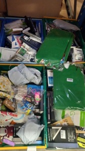 4 TRAYS CONTAINING LARGE QUANTITY OF ASSORTED ITEMS INCLUDING VARIOUS PHONE CASES AND TEMPERED GLASS SCREEN PROTECTORS, FELT CHRISTMAS DÉCOR, BLACKOUT CURTAINS, CRAFT BAGS, CHILDRENS HAIR CLIPS, TRAVEL REFILLABLE BOTTLES ETC