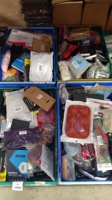 4 TRAYS CONTAINING LARGE QUANTITY OF ASSORTED ITEMS INCLUDING PLASTIC ENVELOPES, BABY TOYS, HAIR CLIPS, QUICK DRY HAND TOWEL, VARIOUS PHONE CASES AND SCREEN PROTECTORS ETC