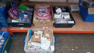 4 TRAYS CONTAINING LARGE QUANTITY OF ASSORTED ITEMS INCLUDING HIGH QUALITY CABLE, KIDS BUTTERFLY NET, IPHONE CASES, MARVEL HATS, WAX STRIPS, REFILLABLE TRAVEL BOTTLES, ETC
