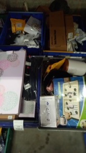 4 TRAYS CONTAINING A LARGE QUANTITY OF ASSORTED ITEMS INCLUDING FRAMES, SHIRTS, BOARDGAME, DESK MOUNTED STAND, SOAP DISPENSER, BABY HAND AND FOOTPRINT FRAME SET ETC