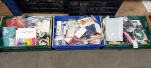 3 TRAYS CONTAINING LARGE QUANTITY OF ASSORTED ITEMS INCLUDING TRAVEL SHOE POUCH, WIRELESS EARBUDS, CELLPHONE CASES, DISPOSABLE URINE BAGS, BALLOONS, COOLSTEK PAINT BY NUMBER, WATCH BAND ETC