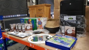 14 PIECE ASSORTED LOT CONTAINING MULTI CHEST TOY STORAGE UNIT, WOODEN CABINET, REVELATION SUITCASE, ULTIMATE ART STUDIO SET, LED LIGHT UP SPEECH BUBBLE ETC