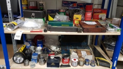 APPROX 50 PIECE ASSORTED LOT CONTAINED ON 2 SHELVES INCLUDING SUPERTOOL EAR PROTECTORS, VARIOUS TOOLS AND SETS, TORCH, MONEY SAFE, SAW, 200 PIECE SPRING ASSORTMENT ETC - ON 2 SHELVES