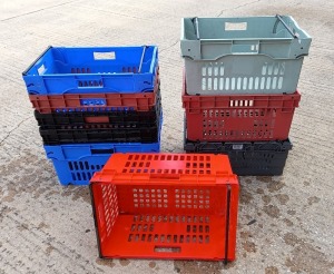 40 X ASSORTED COLOURED HANDY STACKABLE CRATES (ARMS LOCK IN AND OUT TO SUPPORT NEXT CRATE OR STACK) - SIZE 56 X 38 X 38CM DEEP