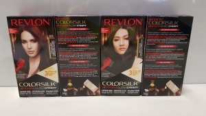 96 PIECE MIXED REVLON COLORSILK ALL IN ONE BUTTERCREAM HAIR COLOUR LOT CONTAINING 48 X BRAND NEW SOFT MAHOGANY BROWN HAIR COLOUR (REVLON SHADE CODE 415) AND 48 X BRAND NEW BLUE BLACK HAIR COLOUR (REVLON SHADE CODE 21)