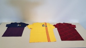 20 X BRAND NEW MIXED BARCA STORE OFFICIAL MERCHANDISE FC BARCELONA CLOTHING LOT CONTAINING TOPS IN RED, BLUE AND YELLOW IN VARIOUS KIDS SIZES AND ADULT SIZES - WITH TAGS RRP €25 TOTAL €500