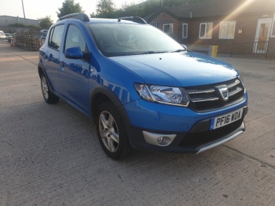 BLUE DACIA SANDERO STEPWAY LAUREATE. Reg : PF16 WDA Mileage : 29440 Details: 2 KEYS, 29440 MILES, ENGINE SIZE 898CC, MOT 16 JUNE 2022, WITH V5, SOME SERVICE RECORDS, AIR CON, CRUISE CONTROL, SAT NAV, REVERSING SENSORS