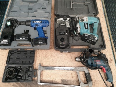 MIXED TOOL.LOT TO INCLUDE, ERBAUER 18V 2.0AH JIGSAW WITH CASE, CHARGER AND SPARE BATTERY, KOBE ABH 14.4 VET BATTERY DRILL WITH CASE, CHARGER AND SPARE BATTERY, BOSCH 240V HAND DRILL, KENNEDY HACK SAW AND A HOLE SAW SET (LOTS 4001-4041 ARE LOCATED IN GATES