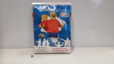 20 X BRAND NEW KIDS MORPH COSTUMES CREATE YOUR OWN MR BLOCKHEAD (INCLUDES FOAM HEADPIECE, FOAM TOP/TROUSER AND 3 X FACE STICKERS) (SIZE 10-12) - IN 2 TRAYS