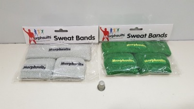 APPROX 275 X BRAND NEW MORPHSUITS SWEATBANDS IN SILVER AND GREEN - IN 4 BOXES.