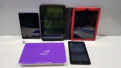 5 PIECE SPARES LOT CONTAINING 1 X MSI LAPTOP 1 X IPAD MINI 1 X SAMSUNG NEXUS 10 TABLET 1 X ACER TABLET 1 X APPLE IPAD (PLEASE NOTE ALL FOR SPARES)