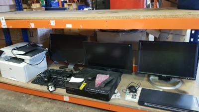 13 PIECE ASSORTED IT LOT CONTAINING HP PRINTER, KEYBOARDS, MOUSE, MONITORS BASE UNIT ETC