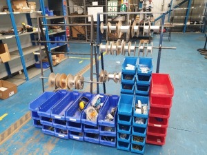 TWO CABLE REEL DISPENSING RACKS & QTY OF PLASTIC COMPONENT BINS (STOCK NOT INCLUDED) (LOTS 4001-4041 ARE LOCATED IN GATESHEAD - COLLECTION WILL BE THURSDAY 2ND SEPTEMBER ONLY BY APPOINTMENT - FULL DETAILS WILL BE PROVIDED TO WINNING BIDDERS)