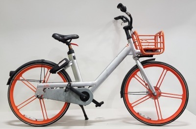 ORANGE & SILVER CITY / CAMPING BICYCLE - ROBUST ALUMINIUM 19 X 48 FRAME, SOLID PUNCTURE PROOF 24 TYRES, DYNAMO BUILT INTO FRONT WHEEL HUB, INTEGRATED BRAKE CABLES, COMPLETE WITH FRONT BASKET. PHOTOS ARE AN AVERAGE REPRESENTATION OF CONDITION (NOTE: COLLEC