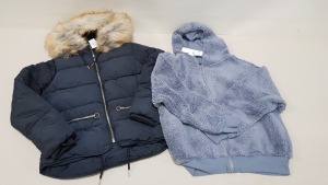 10 PIECE MIXED TOPSHOP CLOTHING LOT CONTAINING 3 X TOPSHOP NAVY FAUX FUR HOODED COATS SIZE UK 10 RRP £65.00 AND 7 X TOPSHOP BLUE ZIP UP FLEECES UK SIZE 10 RRP-£29.00