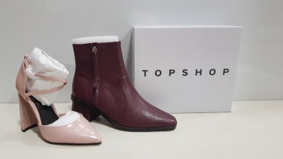 15 PIECE MIXED TOPSHOP SHOE LOT CONTAINING MARGOT BURGUNDY HEELED ZIP UP ANKLE BOOTS UK SIZE 7 RRP £59.00 AND GRAPE PINK HEELED SHOES UK SIZE 3 RRP £39.00 AND RHYS KHAKI HIGH HEELS UK SIZE 5 RRP £36.00
