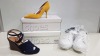 20 PIECE MIXED TOPSHOP SHOE LOT CONTAINING CUBA MONOCHROME WHITE TRAINERS UK SIZE 7 RRP £29.00, WHIRLED DENIM WEDGED SHOES, GAZE BLACK HEELED SHOES AND GLAZE YELLOW SUEDE HEELED SHOES