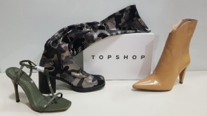 13 PIECE MIXED TOPSHOP SHOE LOT CONTAINING HAVANNAH NATURAL HEELED BOOTS UK SIZE 7 RRP £89.00 AND RHYS KHAKI HIGH HEELS UK SIZE 6 RRP £36.00 AND CUPID CAMOUFLAGED KNEE HIGH HEELED BOOTS (TOTAL RRP £786.00)