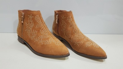 18 X MISS SELFRIDGE BETHANY TAN HEELED ANKLE BOOTS UK SIZE 5 RRP £45.00 (TOTAL RRP £810.00) NOTE: LABELS HAVE BEEN STRUCK OUT / DELABELLED