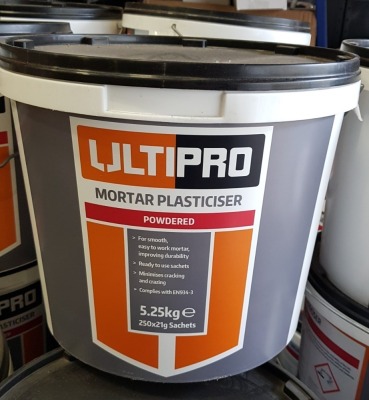 30 X BRAND NEW ULTIPRO MORTAR PLASTICISER (POWDERED) - 5.25KG (250X21G SACHETS) - ON ONE PALLET