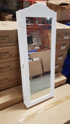 4 X BRAND NEW MIRRORED JEWELLERY CABINET IN WHITE (107 X 43.5 X 14.3.CM) - 4 BOXES