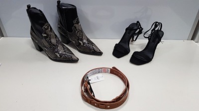 25 PIECE MIXED TOPSHOP SHOE LOT CONTAINING BLISS BLACK HEELED ANKLE BOOTS, SASKIA BLACK HIGH HEELS AND VARIOUS TOPMAN BELTS