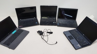 5 PIECE ASSORTED LAPTOP LOT CONTAINING 2 X HP, 1 X TOSHIBA, 1 X DELL AND 1 X LENOVO. (NO OPERATING SYSTEMS)