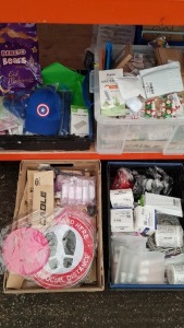 4 TRAYS CONTAINING LARGE QUANTITY OF ASSORTED ITEMS INCLUDING HIGH QUALITY CABLE, KIDS BUTTERFLY NET, IPHONE CASES, MARVEL HATS, WAX STRIPS, REFILLABLE TRAVEL BOTTLES ETC