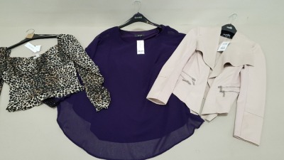 21 PIECE MIXED CLOTHING LOT CONTAINING WALLIS NUDE BLAZER, TOPSHOP ANIMAL PRINT BLOUSES, PURPLE EVANS DRESS TOPS