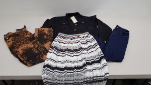 120 PIECE MIXED CLOTHING LOT CONTAINING TOPSHOP METALLIC DRESSES, FLOWER DETAILED DRESSES, DELABELED JEANS, BLACK DENIM JACKETS ETC