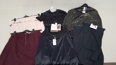 30 PIECE MIXED CLOTHING LOT CONTAINING DOROTHY PERKINS CROP TOP, WAREHOUSE BLAZER, NAVY SHORTS, WOMENS UNDERWEAR, WOMENS SKIRT AND WOMENS T SHIRTS ETC (NOTE: SOME ITEMS HAVE STORE SECURITY TAGS)