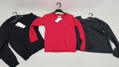 250 PIECE MIXED F&F SCHOOL CLOTHING LOT CONTAINING RED CARDIGANS, BLACK SWEATSHIRTS AND GREY CARDIGANS ETC (NOTE: SOME ITEMS HAVE STORE SECURITY TAGS)