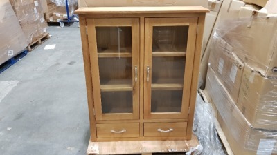 3 X BRAND NEW HARROGATE OAK AND OAK VENEER HUTCH WITH GLASS DOORS CABINET. (L 104 X D 30 X H 129CM) - 2 BOXED AND 1 SAMPLE