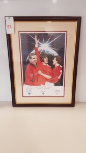 A PICTURE OF THE (SEVENTH HEAVEN) QUOTE 'THE FURTHEST OF THE CONCENTRIC SPHERES CONTAINING THE STARS AND COMPRIMISING THE DWELLING PLACE OF GODS' FEATURING ON THE PICTURE IS GEORGE BEST, BRYAN ROBSON AND ERIC CANTONA - SIGNED BY EACH INDIVIDUAL PLAYER *NO