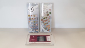 3 X ITEMS OF MANCHESTER UNITED MEMORABILIA TO INCLUDE - 2 X UEFA CHAMPIONS LEAGUE 1997/98 & 1998/99 SEASON TEAM PIN BADGES IN LIMITED EDITION CASE AND A FRAMED TICKET STUBB FROM THE JUVENTUS VS MILAN AC GAME HELD AT OLD TRAFFORD ON THE 28TH MAY 2003