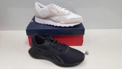 7 X BRAND NEW MIXED REEBOK TRAINER LOT CONTAINING 4X REEBOK LITE 2.0 RUNNING TRAINERS IN SIZE UK 7.5 AND 3X CLASSIC BLACK SWADE STYLE REEBOK TRAINERS IN SIZE UK 7