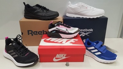 8 X BRAND NEW MIXED TRAINER LOT CONTAINING 4 X REEBOK ALMOTIO 5.0 LEA KIDS TRAINERSIN BLACK SIZE 4 AND 1 X JUNIOR REEBOK CLASSIC LEATHER WHITE TRAINERS SIZE UK5.5 AND 1 X ADIDAS FLUID STREET TRAINERS SIZE UK3.5 (BOX DAMAGED) AND 1X ADIDAS TENSAUR RUN C TR