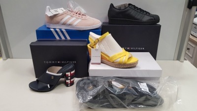 7 X PIECE MIXED TRAINER/SHOE LOT CONTAINING 1X TOMMY HILFIGER TH CORPORATE HIGH HEEL MULE, 1X TOMMY HILFIGER GRADIENT MID WEDGE SANDALS, 1 X ADIDAS ORGINALS SUPSERSTARS UK 7.5, 1 X ADIDAS RUNFALCON TRAINER UK 7.5, 1 X ADIDAS ORGINALS GAZELLES UK12 AND 2 X
