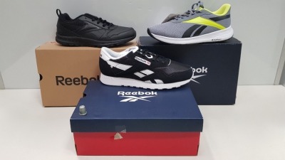 7 X BRAND NEW MIXED REEBOK TRAINER LOT CONTAINING 4 X REEBOK ALMOTIO 5.0 LEA BLACK TRAINERS UK SIZE 5.5 AND 2 X CLASSIC BLACK REEBOK TRAINERS UK 7 AND 1 X EVERGEN PLUS GREY/BLACK TRAINERS UK SIZE 7