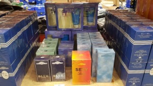 28 PIECE ASSORTED DESIGNER FRENCH COLLECTION PERFUME LOT CONTAINING ONLY BLUE FOR MEN GIFT SETS, BLUE EXTREME, AQUA II, ONLY BLUE FOR WOMEN, SEXY GRAFFITI AND ONLY BLUE FOR MEN.