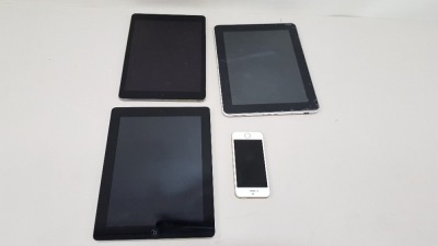 4 PIECE SPARES LOT CONTAINING 1 X 16GB TABLET 1 X APPLE IPAD 1 X APPLE IPHONE 1 X APPLE IPAD AIR (PLEASE NOTE ALL FOR SPARES)