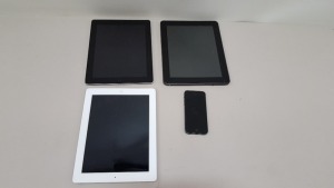 4 PIECE ASSORTED SPARES LOT CONTAINING 1 X 64GB APPLE IPAD 1 X GO IRION 97 TABLET 1 X APPLE IPAD 1 X APPLE IPHONE (PLEASE NOTE ALL FOR SPARES)