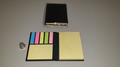 104 X DESK BUDDY POST IT HOLDERS - WITH 2 YELLOW POST IT STYLE PADS AND 5 PADS OF COLOURED PAGE