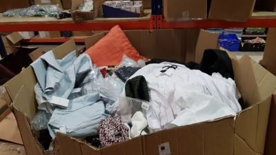 FULL PALLET OF CLOTHING CONTAINING VILLA NAVY LEATHER JACKETS, FAT MOOSE COAT, TOPSHOP DRESSES IN VARIOUS COLOURS AND SIZES, TOPSHOP BLOUSES, SPIDERMAN PYJAMAS, TOPSHOP SUNGLASSES AND HATS AND TOPSHOP SOCKS ETC