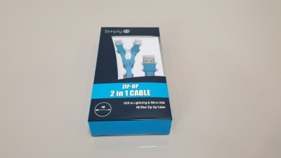 100 X BRAND NEW SIMPLY ZIP-UP 2 IN 1 CABLE - USB TO LIGHTNING & MICRO USB 1M BLUE ZIP-UP CABLE -
