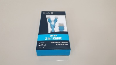 100 X BRAND NEW SIMPLY ZIP-UP 2 IN 1 CABLE - USB TO LIGHTNING & MICRO USB 1M BLUE ZIP-UP CABLE -
