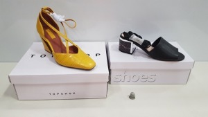 14 PIECE MIXED TOPSHOP SHOE LOT CONTAINING 13 X GHOST YELLOW HEELED SHOES AND NEEVE BLACK HEELED SHOES SIZE 3, 4 AND 6 (TOTAL RRP £644.00)