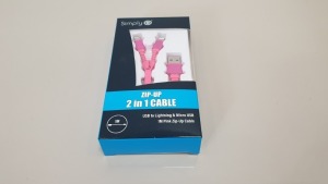 100 X BRAND NEW SIMPLY ZIP-UP 2 IN 1 CABLE - USB TO LIGHTNING & MICRO USB 1M PINK ZIP-UP CABLE -
